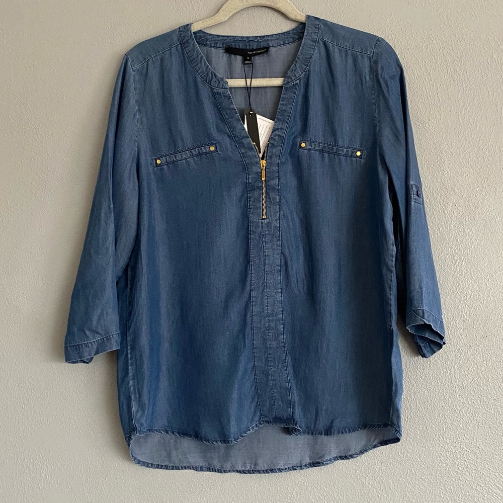 Harve Benard Denim Top Womens Size Small Blue 100% Tencel Roll Tab Sleeves